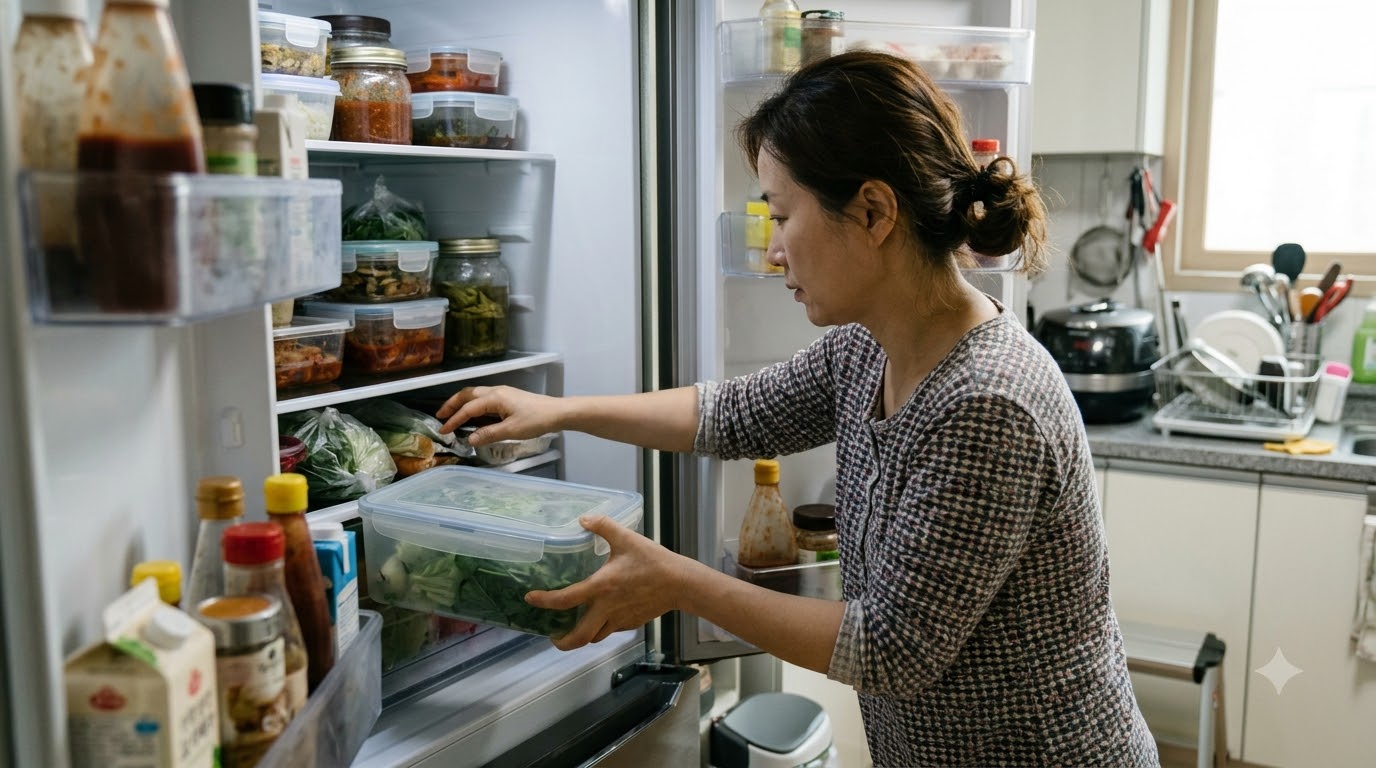 냉장고 선반의 식품 용기를 살펴보는 모습